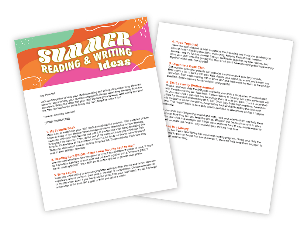 summer reading and writing ideas parent letter