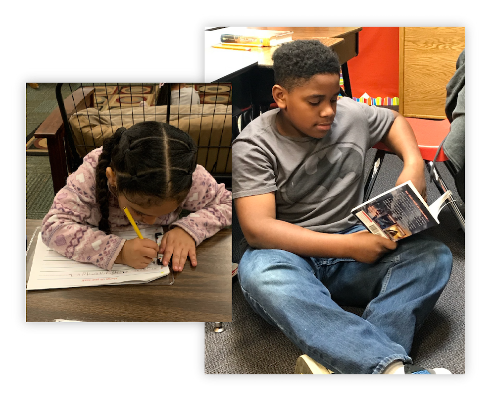 Teacher working with student, with class working independently.