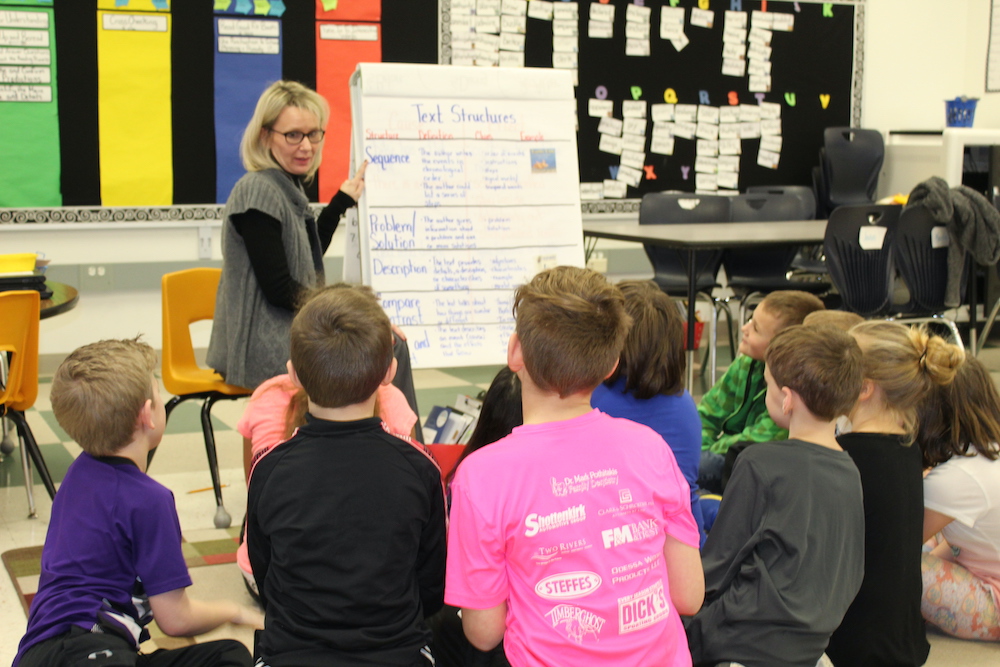 Teacher working with student, with class working independently.